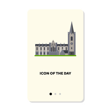 St. Patricks cathedral in Ireland isolated on white. Gothic church cartoon illustration. Religion and building concept. Vector illustration symbol elements for web design