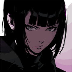 Dark-haired cool gothic anime woman with short haircut in neon colors. Manga comics style vector illustration.