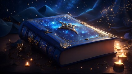A magical book of secrets, its cover glowing with a brilliant blue light, hovering above a starry night sky.