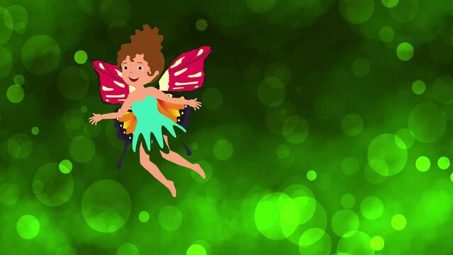 Cartoon cute fairy girl flies on green sparcles  animation