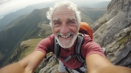 Naklejka na ściany i meble Happy elderly man taking a selfie at mountain viewpoint. Generative AI