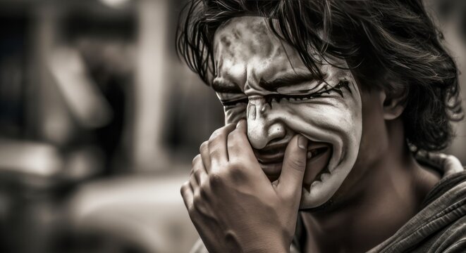 Portrait of a Male Mime with a Sad Face Crying. Sad Meme. Sad Clown. Depression. Mental Health Concept.