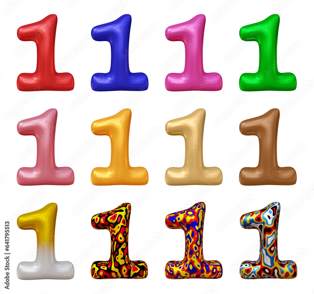 Poster set of number 1 in 3d rendering isolated on transparent background for math, business and education 