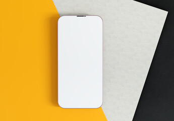 mock up smart phone screen on orange and white paper backdrop, 3d illustration rendering