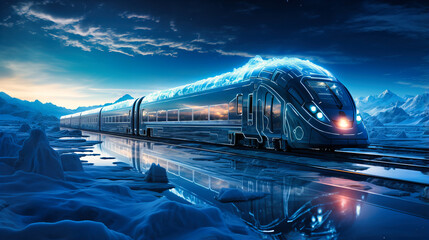 A polar express train equipped with advanced heating tech, offering luxurious expeditions to the Arctic with zero environmental harm - obrazy, fototapety, plakaty