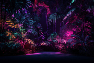 Generative ai collage image picture of mystical magic exotic forest with shiny neon illumination - Powered by Adobe