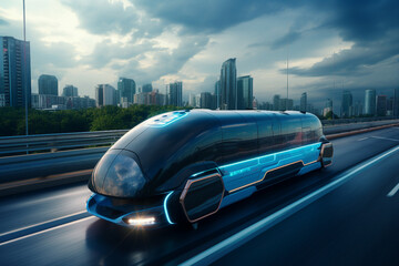 Picture of futuristic fast self-driving modern car on evening city roads under cloudy sky made by...