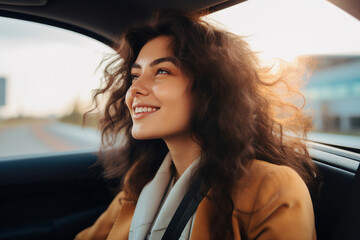 Generative AI photography of beautiful girl sitting inside car enjoying comfort autumn trip