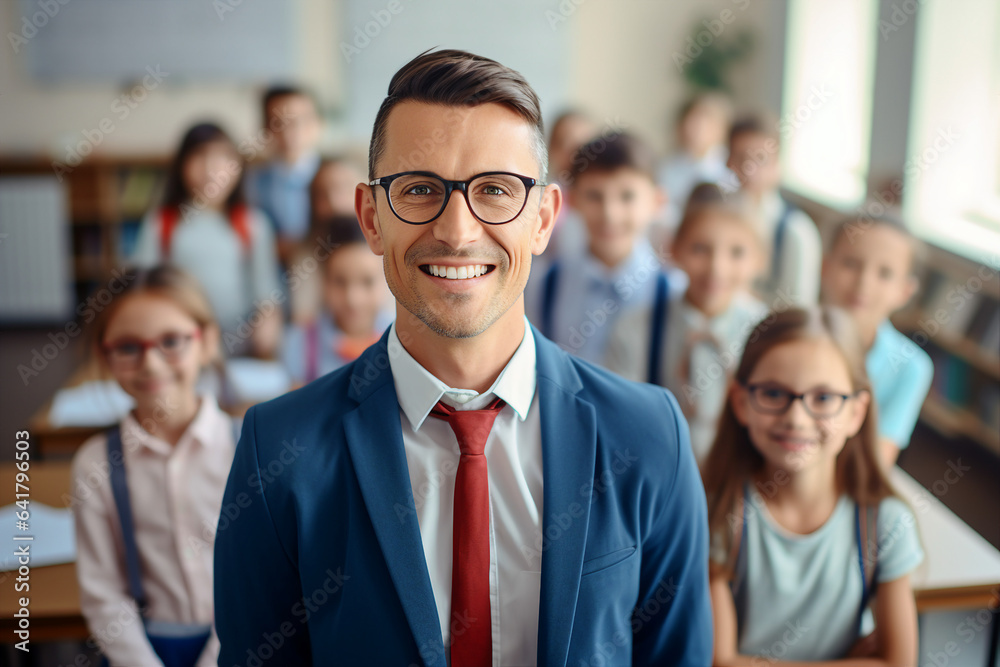 Wall mural portrait of confident teacher in the modern class room at the elementary school created by generativ