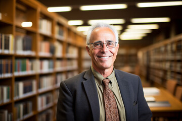 Generative AI photo portrait of happy handsome intelligent man standing in front of a library bookshelf blurred background