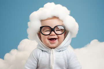 Generative AI futuristic portrait of a beautiful pretty kid in big glasses on white soft clouds isolated over blue color background
