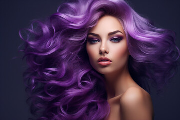 Fototapeta premium Generative AI portrait of natural beauty woman model showing flattering bright violet dyed hairstyle