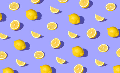 Colorful pattern of fresh ripe whole and sliced lemons - 641796951