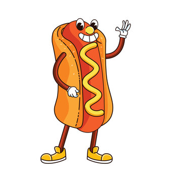 Hot Dog Fast Food Character Isolated Retro Cartoon Vector