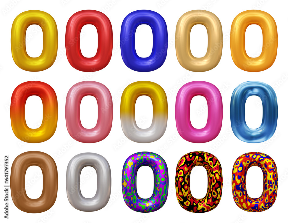 Poster set of number 0 in 3d rendering isolated on transparent background for math, business and education 