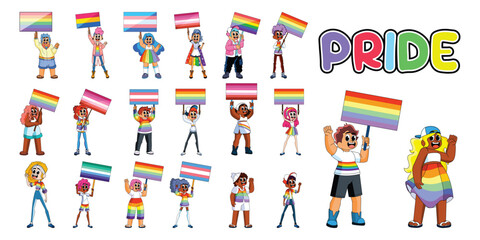 Fototapeta na wymiar Set Character Marches For LGBTQ With Sign In Isolated Cartoon vector