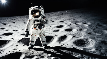 Fototapeta immagine primo piano di astronauta nella tuta spaziale che cammina sulla superficie di una luna, spazio scuro sullo sfondo obraz