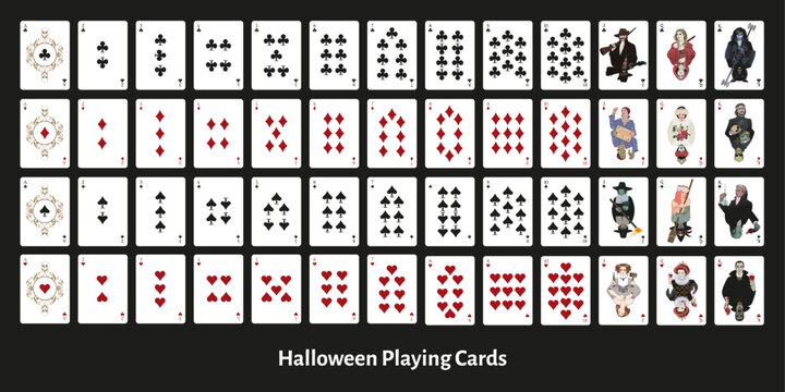 Complete poker of playing cards inspired by Halloween. Mythical characters from the world of Terror and Fantasy. Vampires, Werewolves, Witches and Wizards, Alchemists and necromancers.