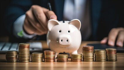Businessman putting coin into piggy bank with stack of coins for finance and banking concept.