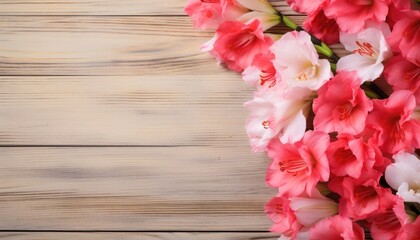 Beautiful gladiolus flowers on wooden background. Space for text
