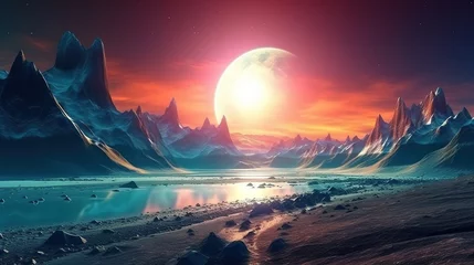 Zelfklevend Fotobehang Alien planet cold blue mountain valley landscape. sci fi landscape © Маргарита Вайс