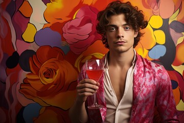 Handsome curly brunette man in a pink shiny shirt with a glass of drink on a painted background