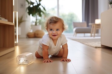 cute blond blue-eyed baby in white clothes crawls on the floor in a light modern living room interior