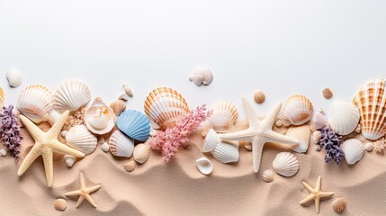 Sea themed horizontal banner with starfish, sand, sea shells, top view with copy space - Powered by Adobe