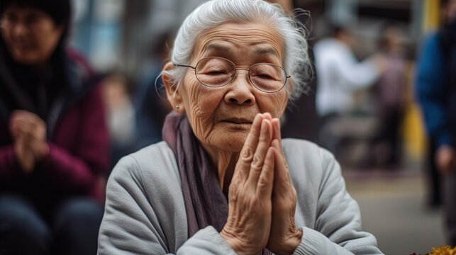 Old Asian Woman With Glasses Holds Her Hands In Prayer On A Street