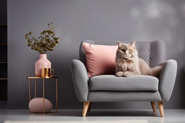 portrait of a cute fluffy gray cat sitting on an armchair in the living room