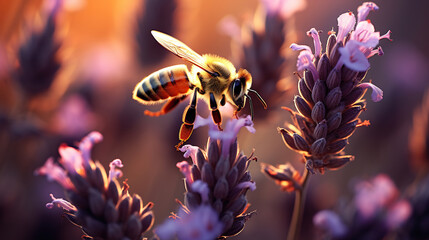 A bee flying over a bunch of purple flowers in a field of lavenders at sunset or dawn with a yellow sky. Generative AI - obrazy, fototapety, plakaty