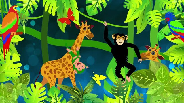 Cartoon jungle acene giraffe walking monkey hanging butterflies flying green plants frame animation