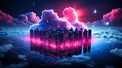 Glowing neon clouds storing virtual data - obrazy, fototapety, plakaty