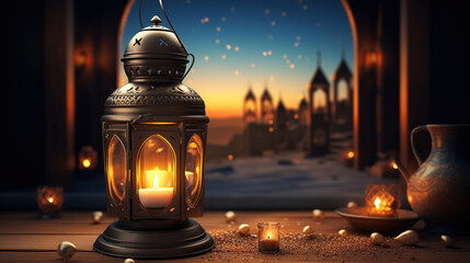 Luminous Ramadan Nights. Arabic Lantern and Burning Candle. Generative AI