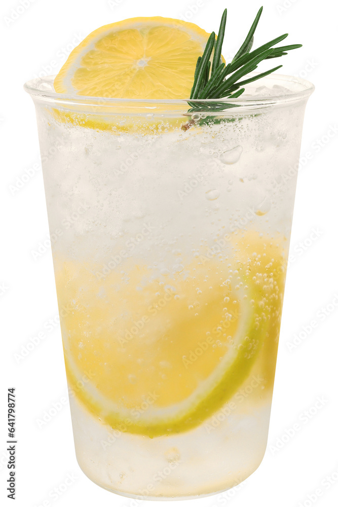 Poster iced lemon soda decorated with a sprig of rosemary on top