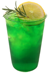 Iced green lemon soda decorated with a sprig of rosemary on top