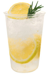 Iced lemon soda decorated with a sprig of rosemary on top