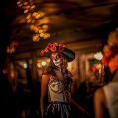 Fototapeta premium Women with painted skulls on faces against dark color background. Celebration of Mexico's Day of the Dead (El Dia de Muertos)