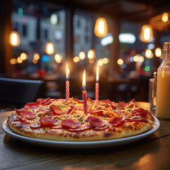 Pepperoni pizza with birthday candles on top, blurred pizzeria restaurant interior on background, close-up photo of pizza with cheese and salami on table, birthday party