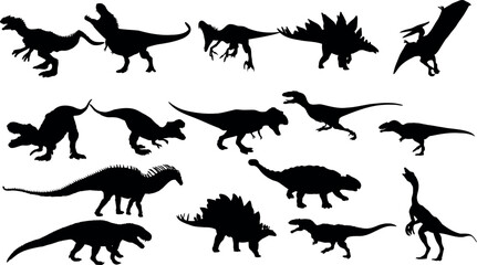 恐竜のシルエットのコレクションの白黒ベクターイラスト。教育資料、子供向けの本、古生物学愛好家に最適です。デザインには、T-レックス、ステゴサウルス、プテラノドン、ブラキオサウルスなどの異なる種類の恐竜が3列に並んでいます。