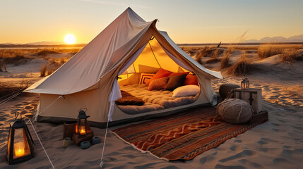 Camping Comforts. Opened camping tent with cushions and blanket placed on sandy terrain near dry grass at sunset. Generative AI