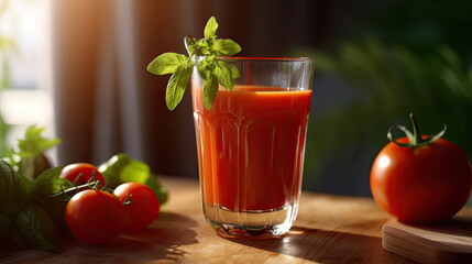 Tomato juice. Fresh red tomato detox juice in glass. Generative Ai
