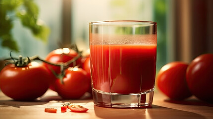 Tomato juice. Fresh red tomato detox juice in glass. Generative Ai