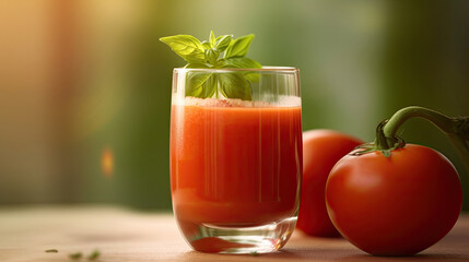 Fototapeta premium Tomato juice. Fresh red tomato detox juice in glass. Generative Ai