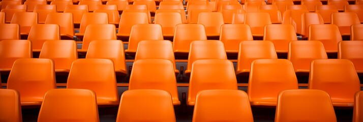 Naklejka premium Seats of orange tribune on sport stadium. empty outdoor arena. concept of fans. chairs for audience. cultural environment concept. color and symmetry. empty seats. modern stadium