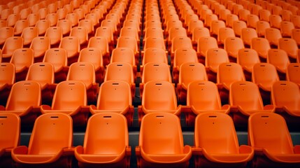 Naklejka premium Seats of orange tribune on sport stadium. empty outdoor arena. concept of fans. chairs for audience. cultural environment concept. color and symmetry. empty seats. modern stadium