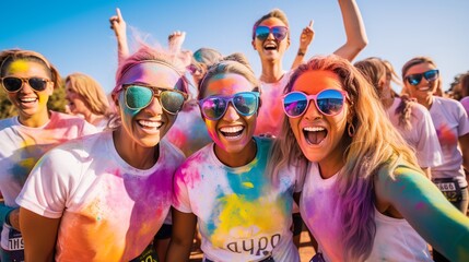 Group of happy color painted women in color run event, cheerful expressions, concept of sport event celebration.