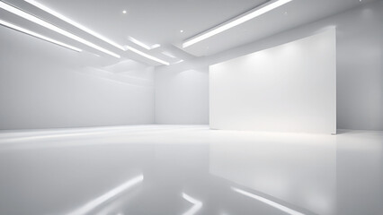 Empty shiny glossy white room with lights. Generative AI 