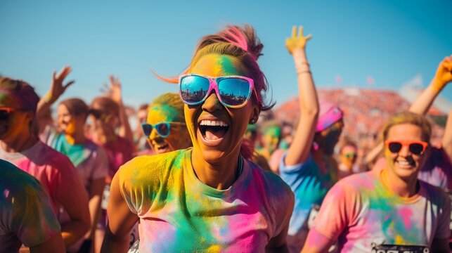 Group of happy color painted women in color run event, cheerful expressions, concept of sport event celebration.