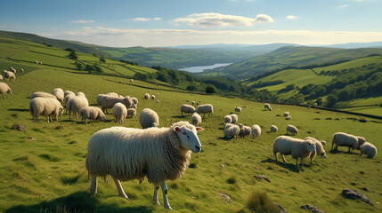 Fototapeta premium Herd of Sheep Amidst the Verdant Hill. Generative AI